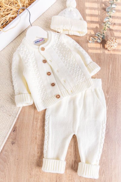 Bereli Triko Hırkalı Kışlık  Erkek Bebek Takım Set KREM - 3-6 AY