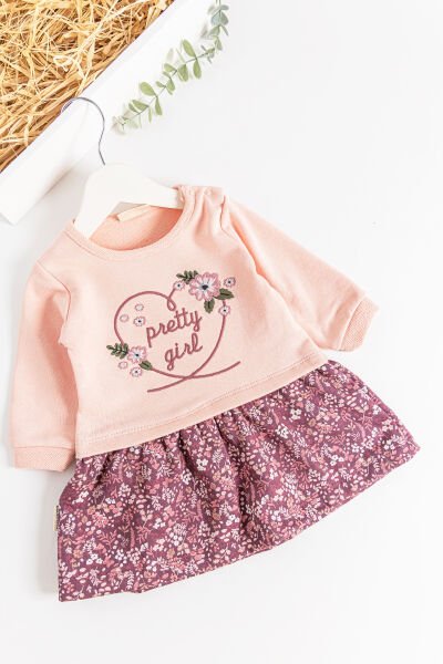 Çiçek Nakışlı Uzun Kollu Kız Bebek Elbise SOMON - 18-24 AY