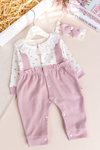 Kalp Desenli Fisto Yakalı Bandanalı Kız Bebek Tulum Set Gül kurusu -  9-12 AY