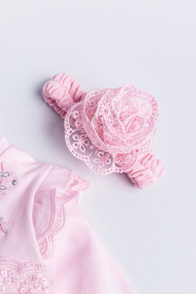 Kız Bebek Elbise Güpürlü Bandanalı Uzun Kollu Bebek Elbise