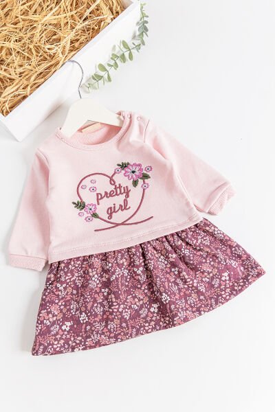 Çiçek Nakışlı Uzun Kollu Kız Bebek Elbise PEMBE - 18-24 AY