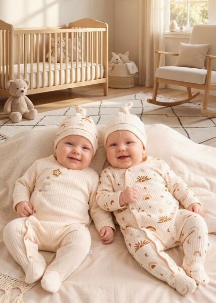 Güneş Desenli 4'lü 100% Pamuk Kız Erkek Bebek Tulum Set