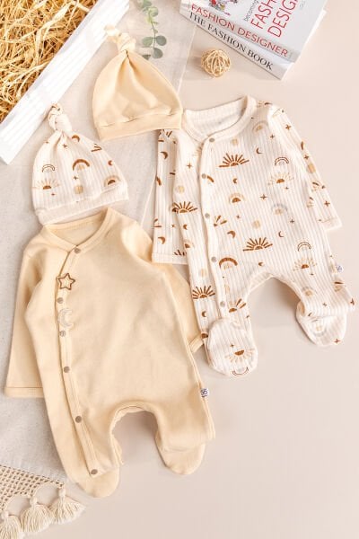 Güneş Desenli 4'lü 100% Pamuk Kız Erkek Bebek Tulum Set