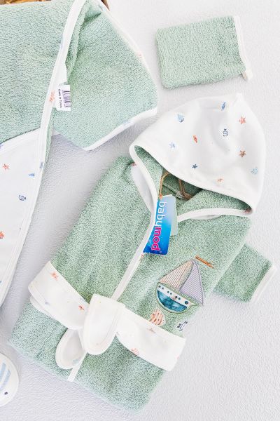 Organik Denizci Temalı Erkek Bebek Havlu Bornoz Seti