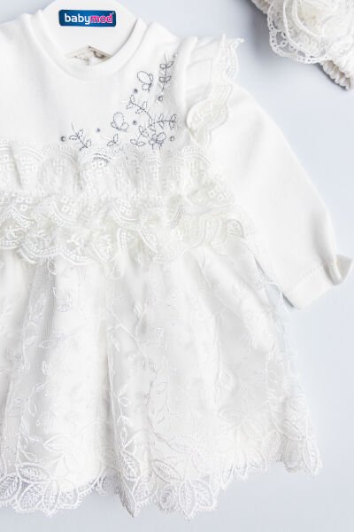 Kız Bebek Elbise Güpürlü Bandanalı Uzun Kollu Bebek Elbise