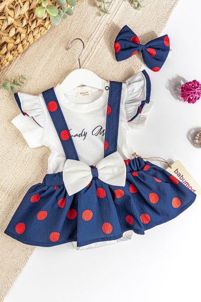 Puantiyeli Fiyonklu Bandanalı Yazlık Kız Bebek Salopet Elbise