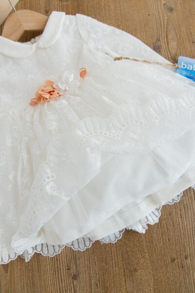 Güpürlü Uzun Kol Kız Bebek Elbise BEJ -  12 Ay