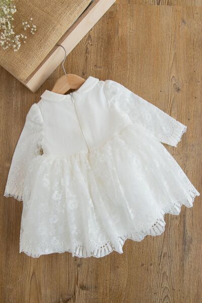 Güpürlü Uzun Kol Kız Bebek Elbise BEJ -  12 Ay