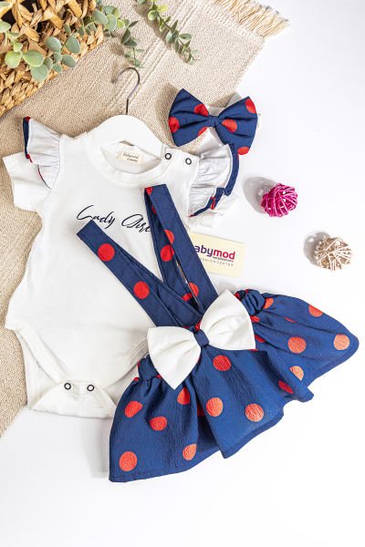 Puantiyeli Fiyonklu Bandanalı Yazlık Kız Bebek Salopet Elbise LACİVERT - 3-6 AY