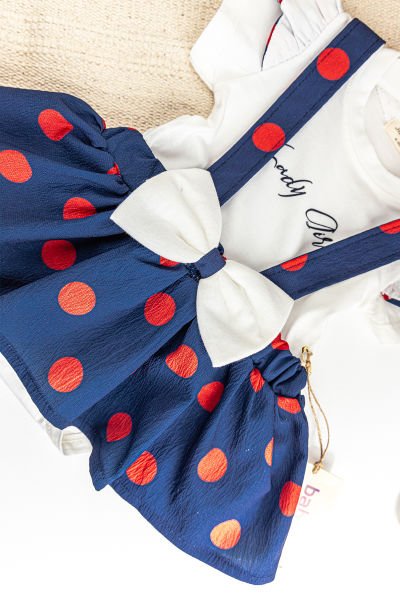 Puantiyeli Fiyonklu Bandanalı Yazlık Kız Bebek Salopet Elbise LACİVERT - 3-6 AY