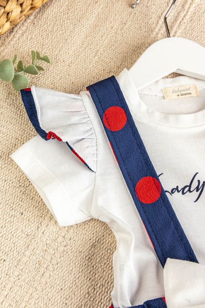 Puantiyeli Fiyonklu Bandanalı Yazlık Kız Bebek Salopet Elbise LACİVERT - 3-6 AY