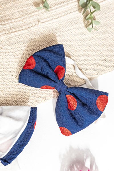 Puantiyeli Fiyonklu Bandanalı Yazlık Kız Bebek Salopet Elbise LACİVERT - 3-6 AY