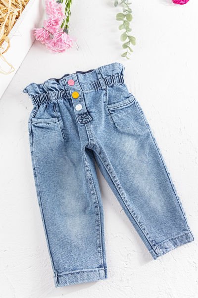 Beli Büzgülü Kız Bebek Denim Kumaş Kot Pantolon