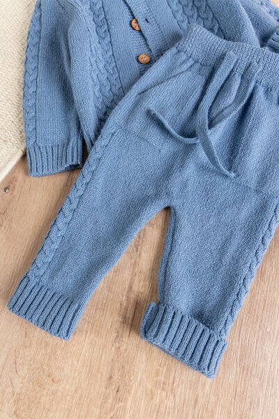 Bereli Triko Hırkalı Kışlık  Erkek Bebek Takım Set MAVİ -  9-12 AY