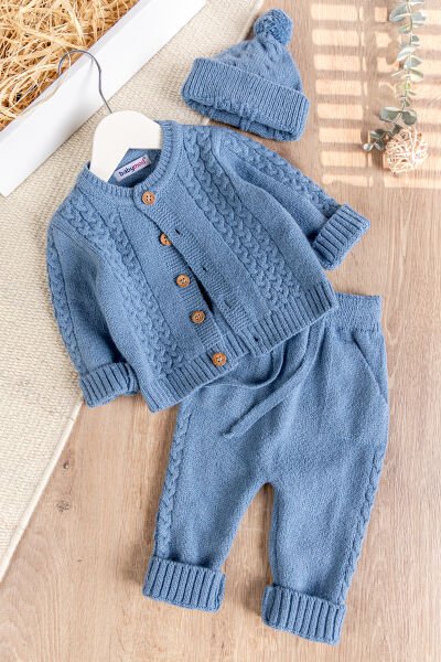 Bereli Triko Hırkalı Kışlık  Erkek Bebek Takım Set MAVİ -  9-12 AY