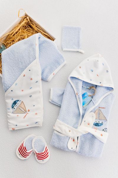 Organik Denizci Temalı Erkek Bebek Havlu Bornoz Seti
