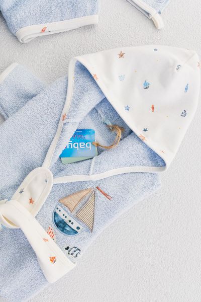 Organik Denizci Temalı Erkek Bebek Havlu Bornoz Seti