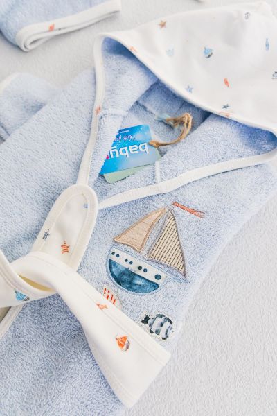 Organik Denizci Temalı Erkek Bebek Havlu Bornoz Seti