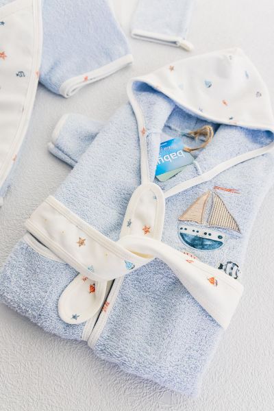 Organik Denizci Temalı Erkek Bebek Havlu Bornoz Seti