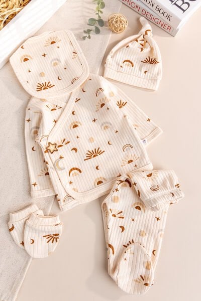 Güneş Desenli 100% Pamuk 5'li Kız Erkek Bebek Hastane Çıkışı Yeni Doğan Set