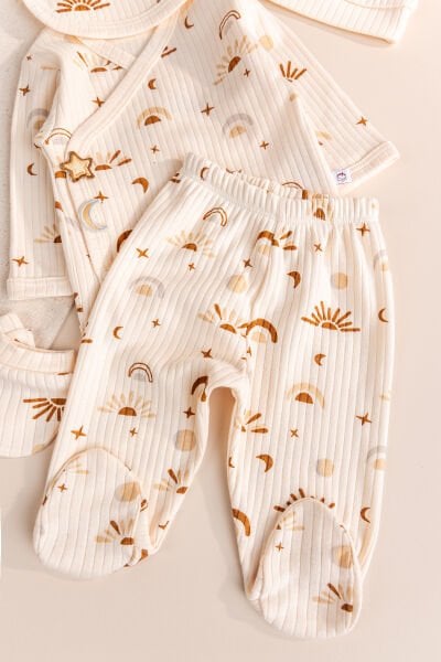 Güneş Desenli 100% Pamuk 5'li Kız Erkek Bebek Hastane Çıkışı Yeni Doğan Set