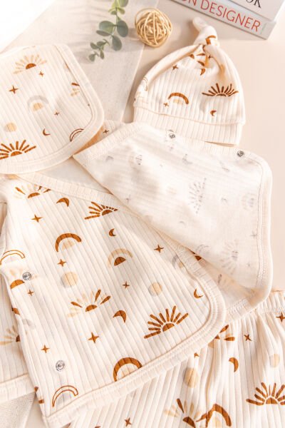Güneş Desenli 100% Pamuk 5'li Kız Erkek Bebek Hastane Çıkışı Yeni Doğan Set