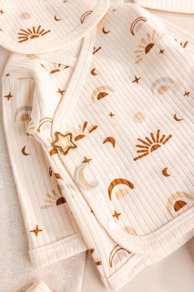 Güneş Desenli 100% Pamuk 5'li Kız Erkek Bebek Hastane Çıkışı Yeni Doğan Set