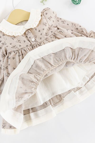 Çiçek Desenli Bebe Yakalı Keten Kız Bebek Elbise