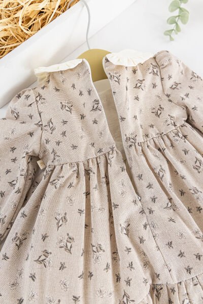 Çiçek Desenli Bebe Yakalı Keten Kız Bebek Elbise