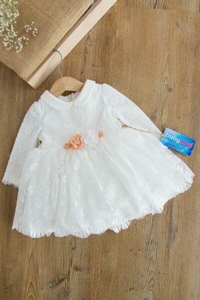 Güpürlü Uzun Kol Kız Bebek Elbise BEJ - 24 Ay