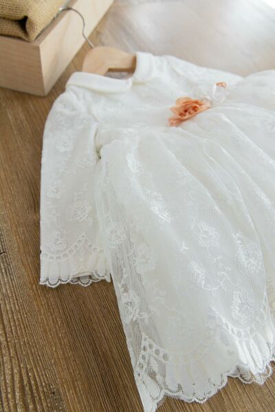 Güpürlü Uzun Kol Kız Bebek Elbise BEJ - 24 Ay