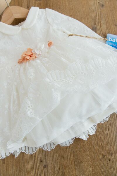 Güpürlü Uzun Kol Kız Bebek Elbise BEJ - 24 Ay