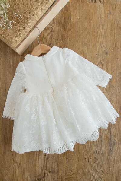 Güpürlü Uzun Kol Kız Bebek Elbise BEJ - 24 Ay