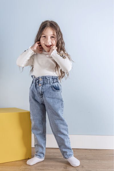Yüksek Bel Kız Çocuk Kot Pantolon Çocuk Jean MAVİ - 5 Yaş