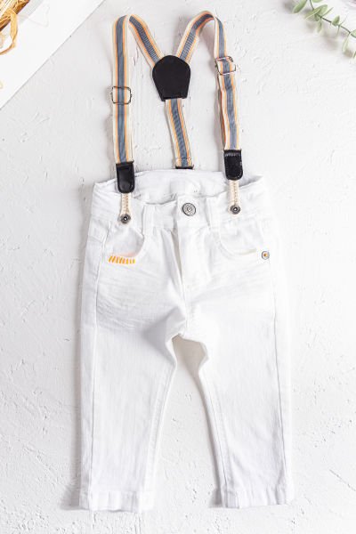 Askılı Beyaz Erkek Bebek Kot Pantolon