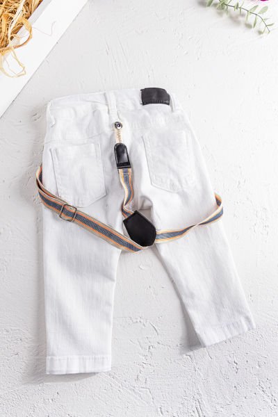 Askılı Beyaz Erkek Bebek Kot Pantolon
