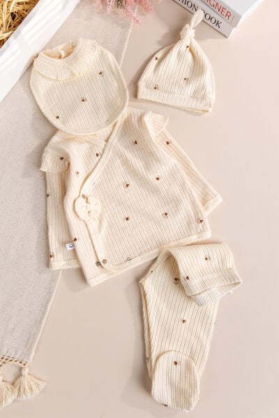 Çiçek Desenli 5'li Pamuklu Natural Kız Bebek Hastane Çıkışı Bebek Takımı