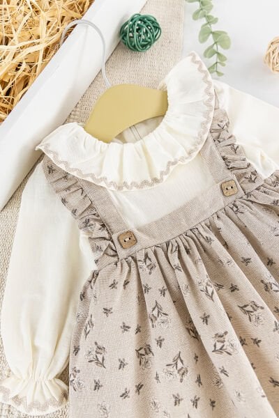 Çiçek Desenli Fırfırlı Keten Kız Bebek Elbise