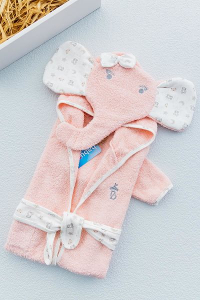 Fil Figürlü Organik Kapüşonlu Kız Bebek Bornoz