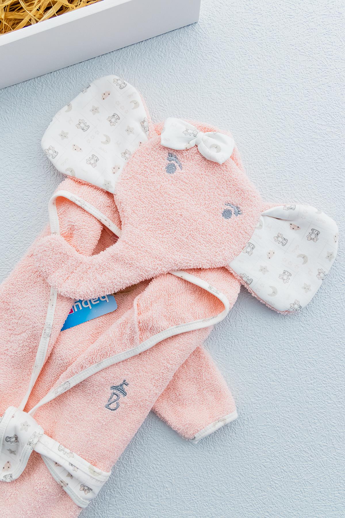 Fil Figürlü Organik Kapüşonlu Kız Bebek Bornoz