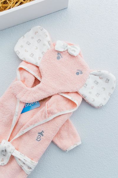Fil Figürlü Organik Kapüşonlu Kız Bebek Bornoz