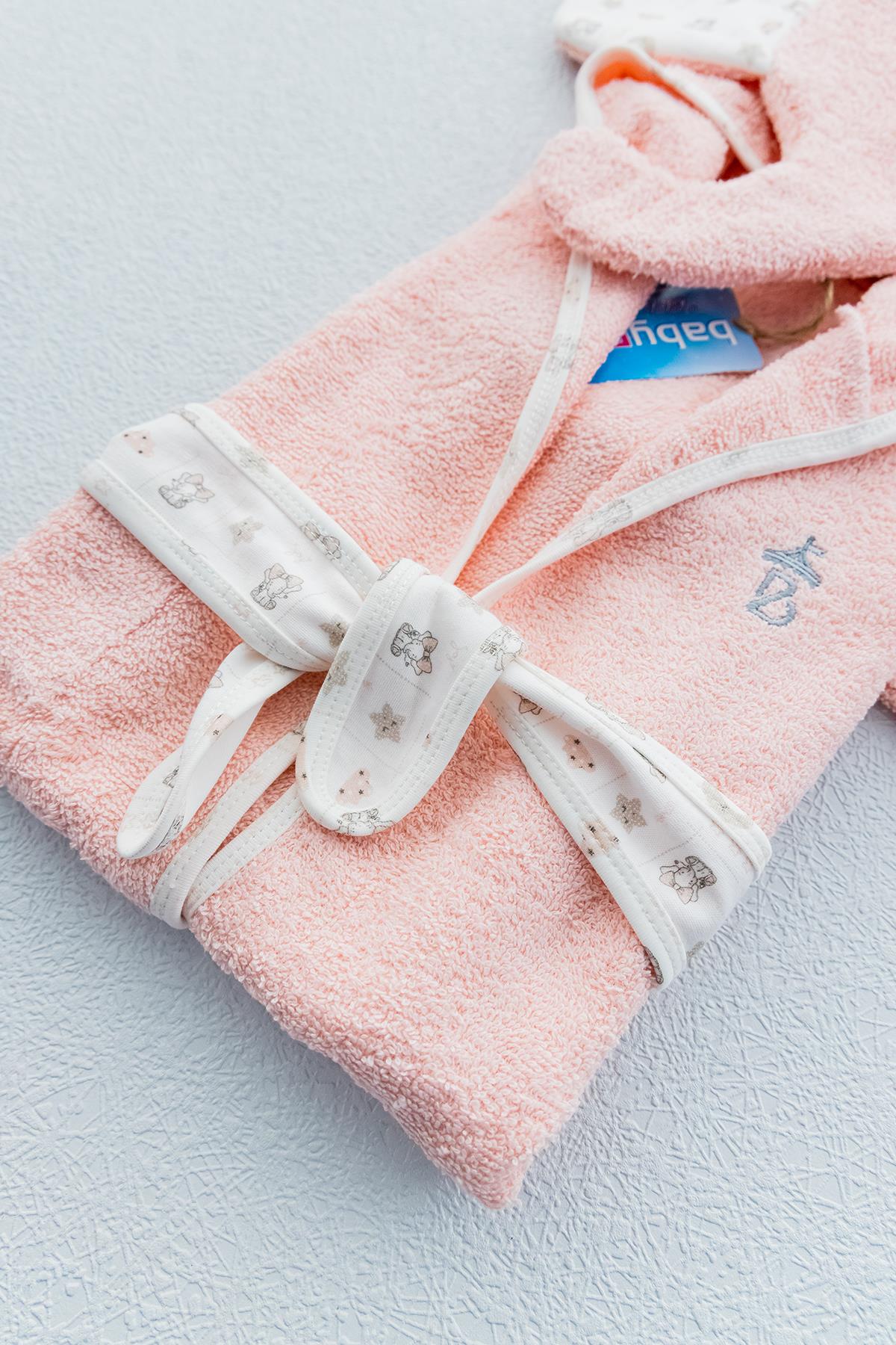 Fil Figürlü Organik Kapüşonlu Kız Bebek Bornoz