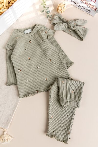 Çiçek Desenli Pamuklu 3'lü Kız Bebek takım