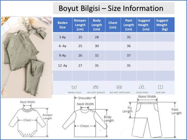 Çiçek Desenli Pamuklu 3'lü Kız Bebek takım YEŞİL - 3 Ay