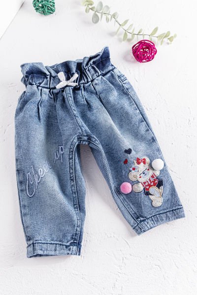 Beli Büzgülü Ayıcık İşlemeli Kız Bebek Kot Pantolon