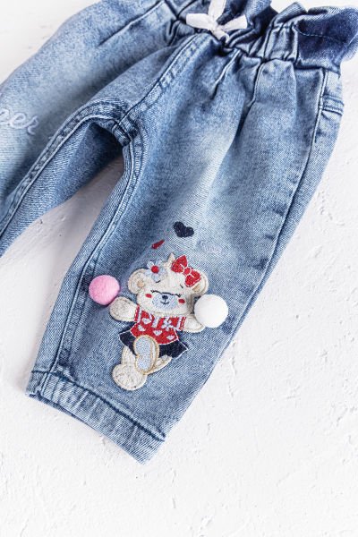 Beli Büzgülü Ayıcık İşlemeli Kız Bebek Kot Pantolon