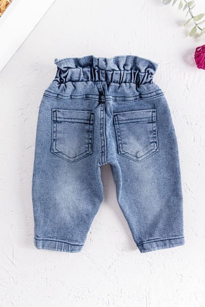 Beli Büzgülü Ayıcık İşlemeli Kız Bebek Kot Pantolon