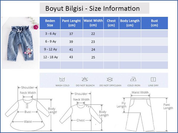 Beli Büzgülü Ayıcık İşlemeli Kız Bebek Kot Pantolon
