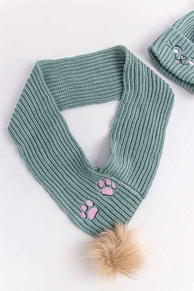 Kedi Figürlü Kız Çocuk Atkı Bere Takımı YEŞİL - 4-8 Yaş