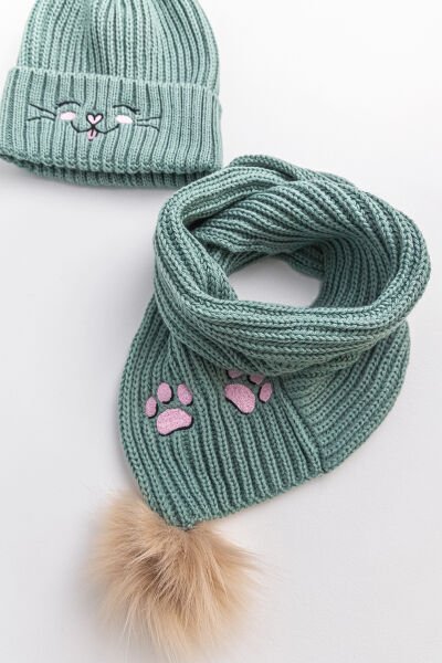 Kedi Figürlü Kız Çocuk Atkı Bere Takımı YEŞİL - 4-8 Yaş